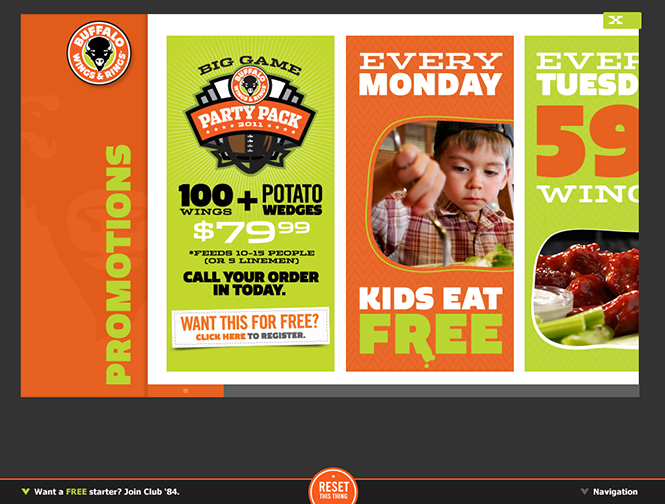 Buffalo Wings & Rings Website Promotions Screen
