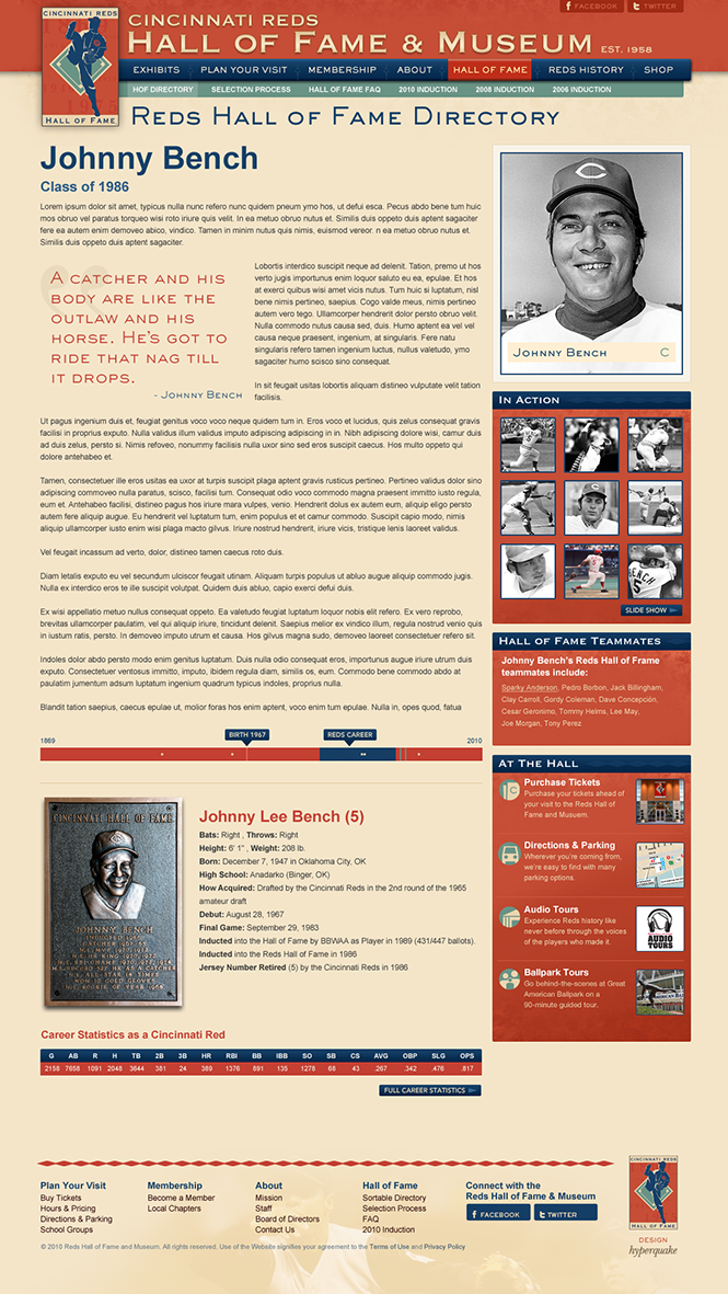 Reds Hall of Fame & Museum Website Johnny Bench Page